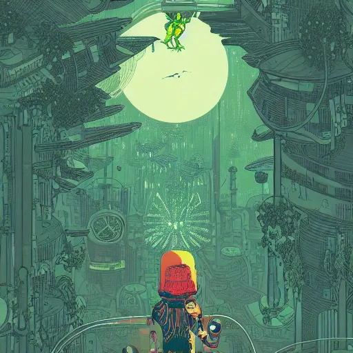 Image similar to Stunningly intricate illustration of single cyberpunk explorer holding with one hand his small friendly flying robot, lush forest in background, highly detailed, midnight, by Victo Ngai and James Gilleard , Moebius, Laurie Greasley