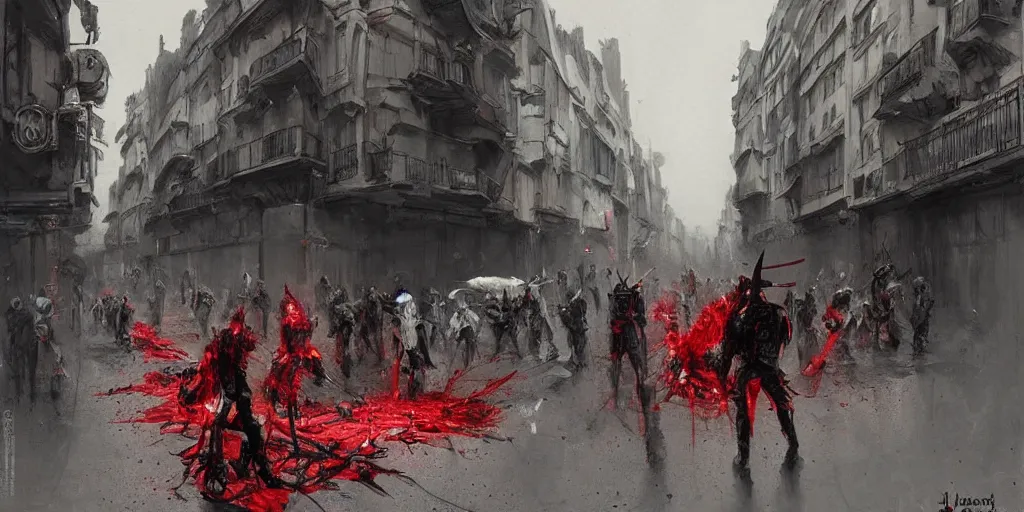 Prompt: demonic samurai robot on the streets of paris, very detailed painting, concept art, very creepy, pile of bodies, a lot of blood on the streets, art by jakub rozalski