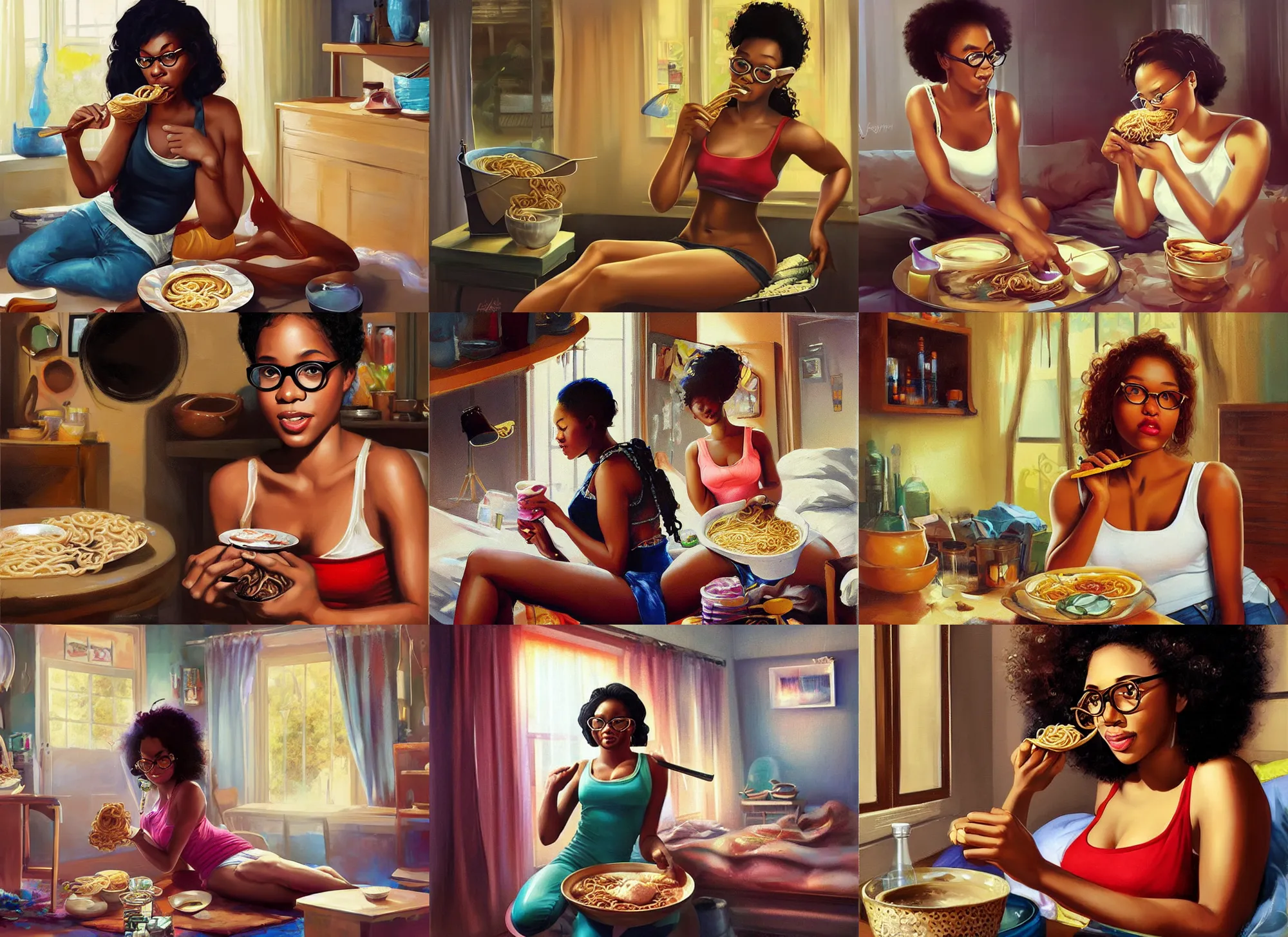 Prompt: beautiful african american young woman with large round glasses, wearing a tanktop, eating ramen in her messy apartment, digital art by Artgerm, Mark Arian, Rolf Armstrong