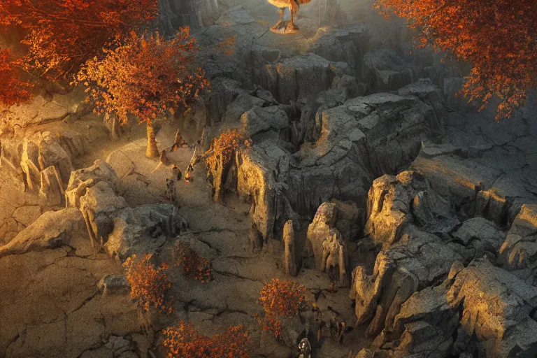 Prompt: high aerial shot, cinematic fantasy painting, dungeons and dragons, barren dry land, desert valley of bones, isolated autumn maple bonsai, with sunset lighting ominous shadows by jessica rossier and brian froud and hr giger