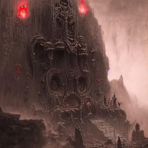Image similar to chaos god khorne, warhammer fantasy art, wide angle, wide shot, epic, sitting in hell throne, beksinski, ruan jia
