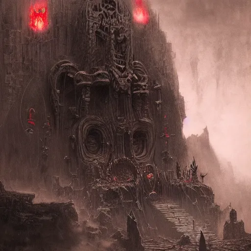 Prompt: chaos god khorne, warhammer fantasy art, wide angle, wide shot, epic, sitting in hell throne, beksinski, ruan jia