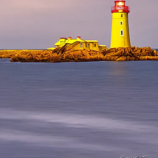 Image similar to an enormous yellow lighthouse by greg rutkoski
