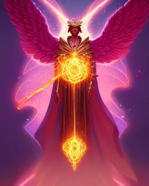 Image similar to a character portrait of only one male angel of justice with golden fiery wings, surrounded with spiriling sparkling rose crystals and galaxies, by peter mohrbacher, hyper light drifter, jim burns, greg rutkowski, trending on artstation