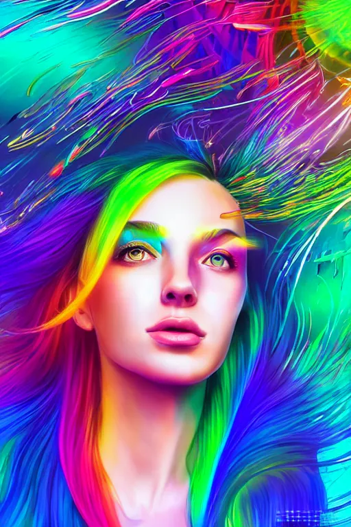 Image similar to a award winning half body portrait of a beautiful woman with stunning eyes in a croptop and cargo pants with rainbow colored ombre hairstyle head in motion and hair flying by thomas danthony, surrounded by whirling illuminated liquids and lines, outrun, vaporware, shaded flat illustration, digital art, trending on artstation, highly detailed, fine detail, intricate