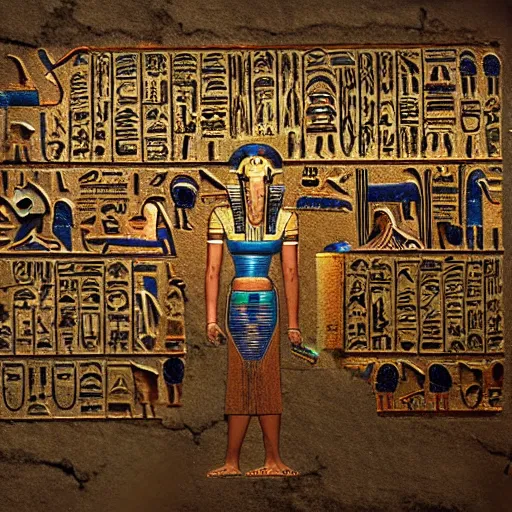 Prompt: egyptian hieroglyphs on wall behind cybernetic priest, artstation