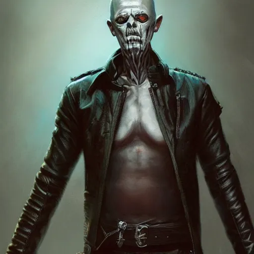Image similar to a full body shot of pinhead, Long leather jacket. cinematic lighting, highly detailed, digital painting, concept art, smooth, sharp focus, illustration, art by Artgerm and Greg Rutkowski, Cgsociety