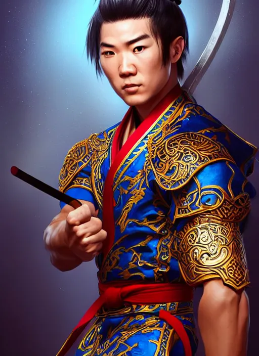 Image similar to male martial artist with a high ponytail, holding a sabre!!! asian facial features and blue eyes!! intricate ornate blue robes!! character concept art, sharp focus, octane render! unreal engine 5! highly rendered!! trending on artstation!! detailed linework!! illustration by artgerm, wlop, and chie yoshii