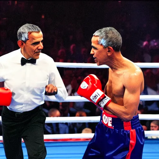 Prompt: obama boxing joe biden, photo, mid fight, intense