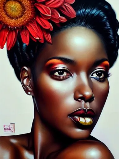 Prompt: portrait of a beautiful black woman with a floral background : : painted by artgerm, karol bak, artur bordalo, sandra chevrier : : portrait, character, illustration, hyperrealism, photorealism