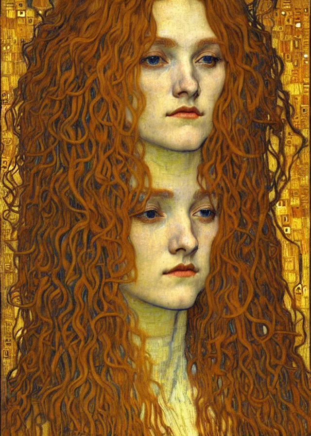 Image similar to detailed realistic beautiful young medieval queen face portrait by jean delville, gustav klimt and vincent van gogh, art nouveau, symbolist, visionary, gothic, pre - raphaelite, muted earthy colors, desaturated