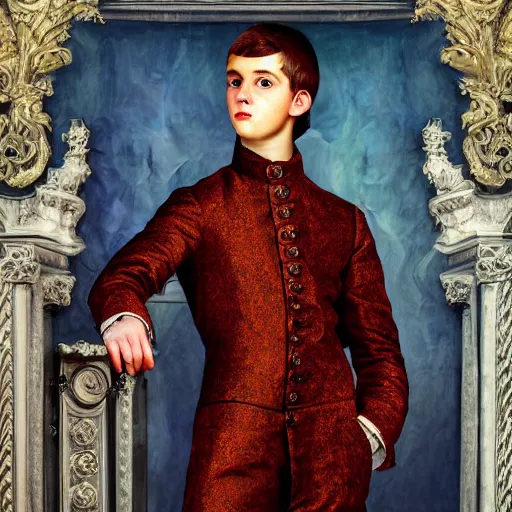 Image similar to hyperdetailed maximalist elaborate half - lenght portrait of a futuristic a beautiful young teen boy, wearing long clothing. rococo architecture, in the style of modigliani and mixed media collage. matte background hd 8 x