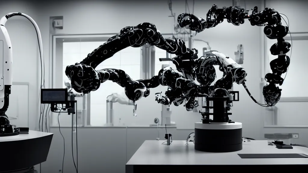 Image similar to a complex bifurcated robotic cnc surgical arm hybrid mri 3 d printer machine making swirling black and white ceramic mandlebulb mutant forms in the laboratory inspection room, film still from the movie directed by denis villeneuve with art direction by salvador dali, wide lens, f 3 2, cinematic lighting, studio quality, smooth render, unreal engine 5 rendered, octane rendered