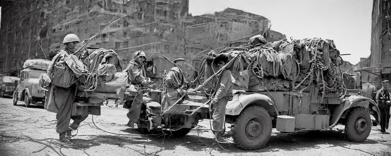 Image similar to transporting spaghetti, world war 2, u. s. army, canon 5 0 mm, kodachrome, in the style of ansel adams, retro