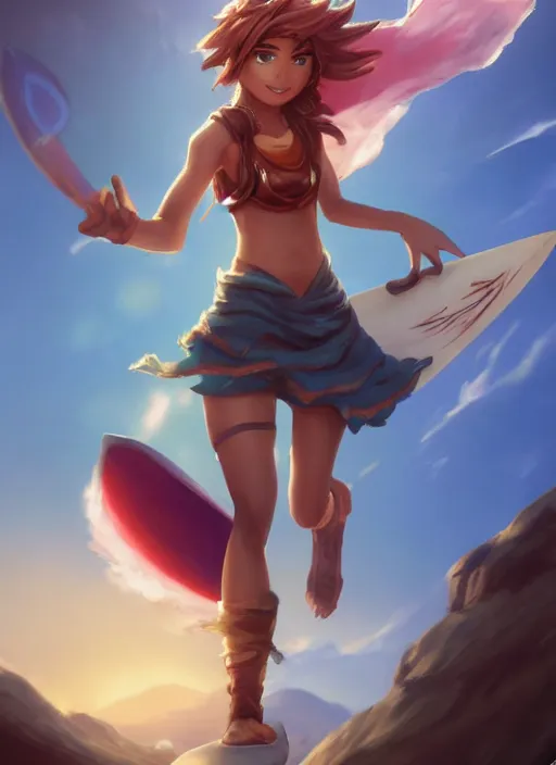 Image similar to youthful taliyah, from league of legends, au naturel, surfing a rock, with abs, hyper detailed, mountain background, digital art, trending in artstation, cinematic lighting, studio quality, smooth render, unreal engine 5 rendered, octane rendered, art style by klimt and nixeu and ian sprigger and wlop and krenz cushart