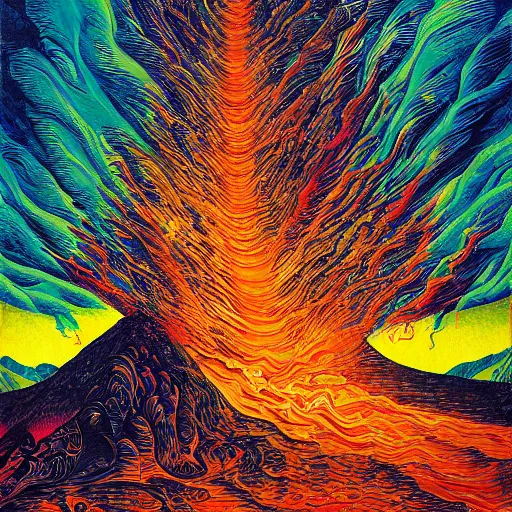 Image similar to vulcano, lava, trees on fire, surreal by dan mumford and umberto boccioni, oil on canvas