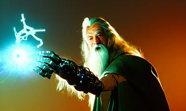 Image similar to cyber - gandalf with large robotic arm and fingers battling the balrog epic 3 5 mm photograph