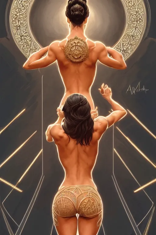 Image similar to symmetry!! intense fanart of 3 / 4 back pose of adriana chechik as acotar protagonist, intricate, elegant, highly detailed, my rendition, digital painting, artstation, concept art, smooth, sharp focus, illustration, art by artgerm and greg rutkowski and alphonse mucha