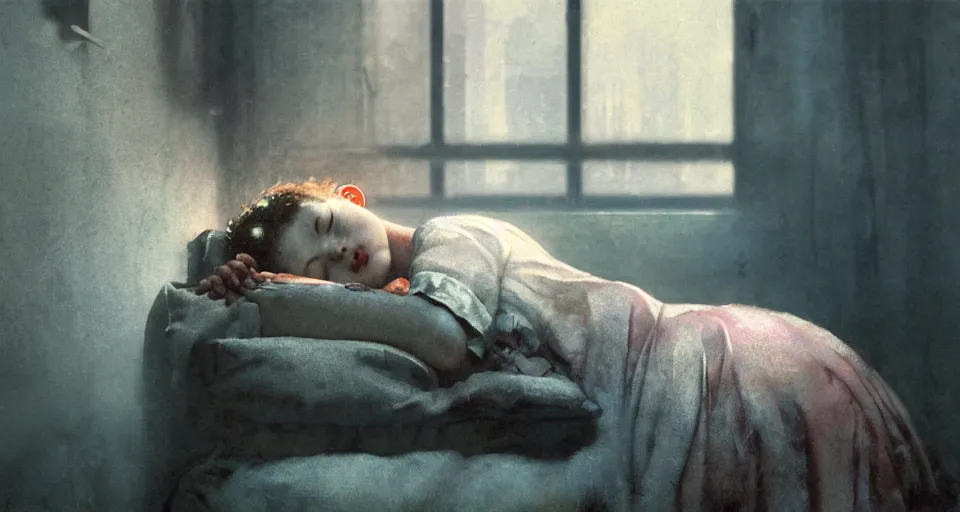 Image similar to a sleeping girl by norman rockwell, side view, in the style of blade runner, high tech, photoreal, dramatic lighting, unreal engine 5, octane rendering, ray tracing