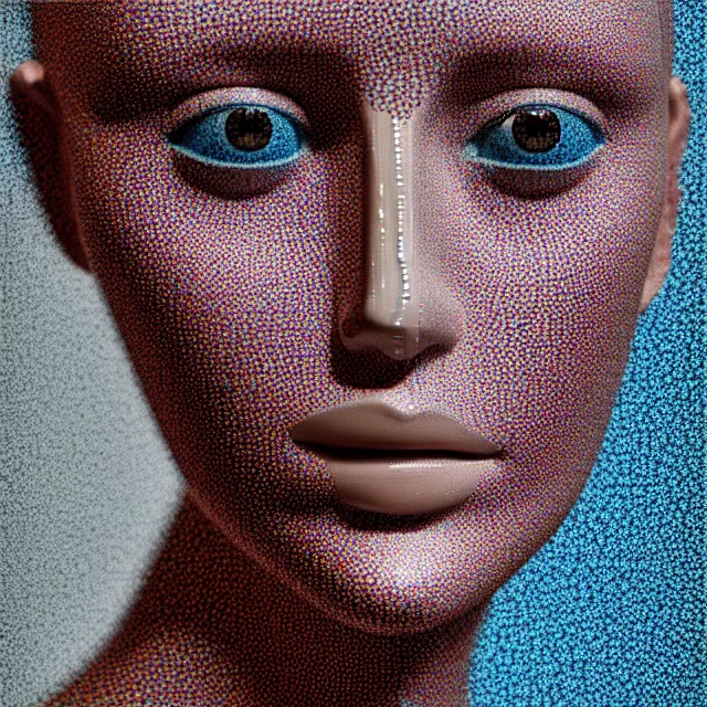 Prompt: a beautiful portrait of a mannequin covered with porcelain tiles in abstract geometric patterns, hyper realism, neural pointillism, octane, cgsociety, 8 k