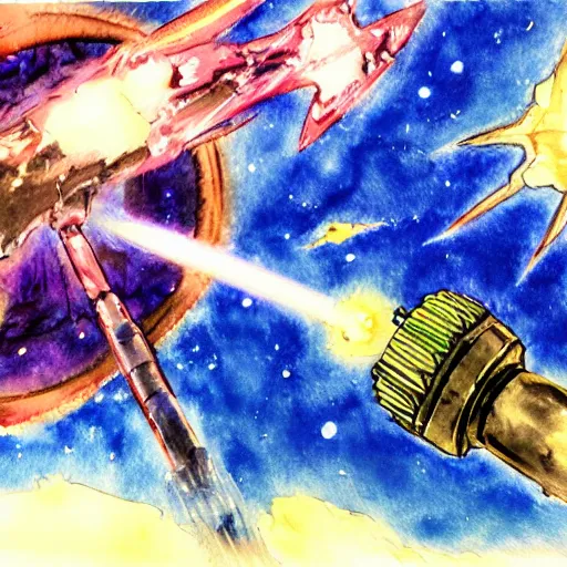 Image similar to a drill that would pierce the heavens, scifi watercolor painting