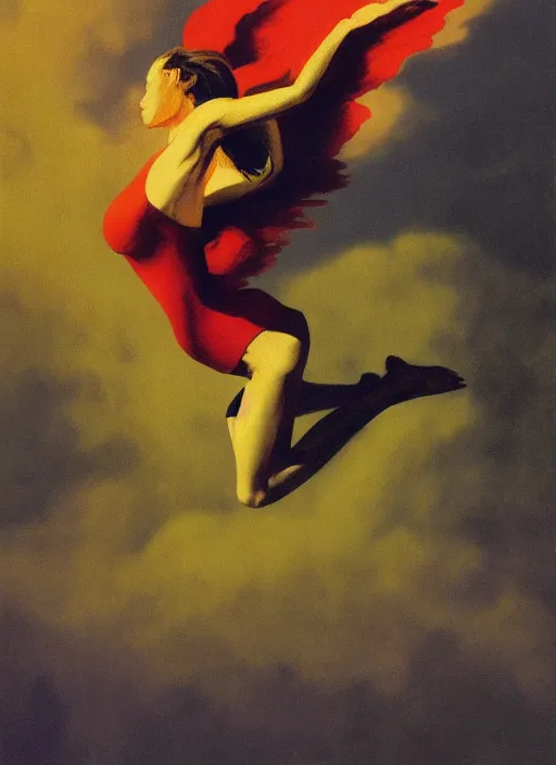 Prompt: owlwoman jumping from a cloud Edward Hopper and James Gilleard, Zdzislaw Beksinski highly detailed