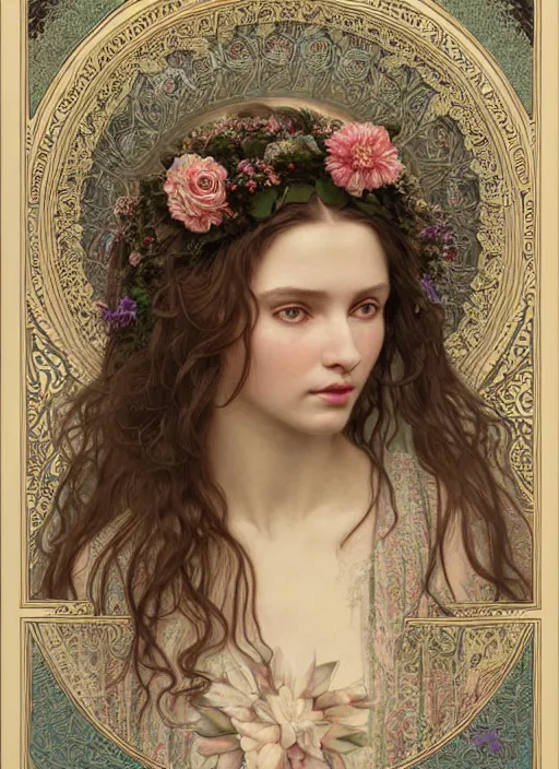 Prompt: portrait of a beautiful slavic girl in folklore robe wearing a spring flower wreath with long tangles of beautiful pale hair and earrings, sharp eyes, hyper realistic face, fantasy art, greg rutkowski, intricate, alphonse mucha, hyper detailed engraving, concept art, elden ring, illustration, smooth, sharp focus, by gustave dore and greg rutkowski