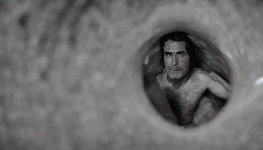 Image similar to 1 9 7 0 s movie still of a man in a barque in a fleshtunnel, leica sl 2