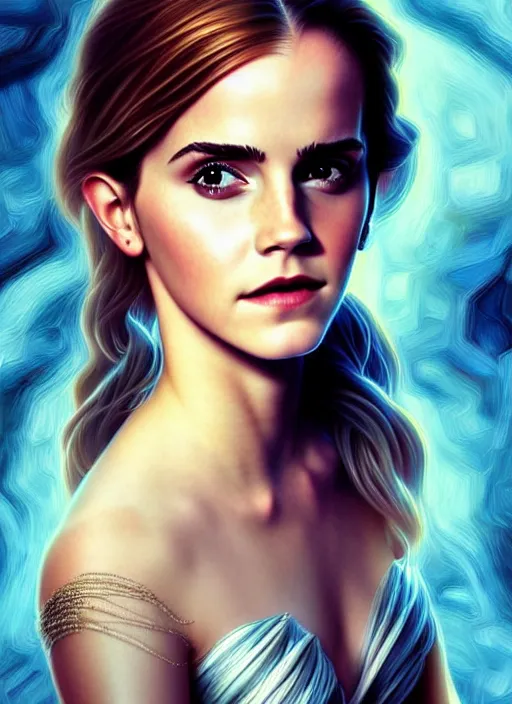 Prompt: portrait of emma watson, fractal blue dress, digital art by artgerm and karol bak, cinematic lighting, trending on artstation, intricate, elegant