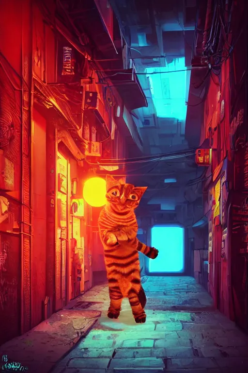 Image similar to cyberpunk ginger cat in the alley, neon lighting, rendered in unreal engine, trending on artstation