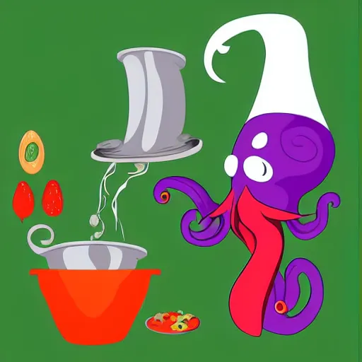 Image similar to occult anthropomorphic octopus chef cooking a delicious colorful soup, digital paintingl