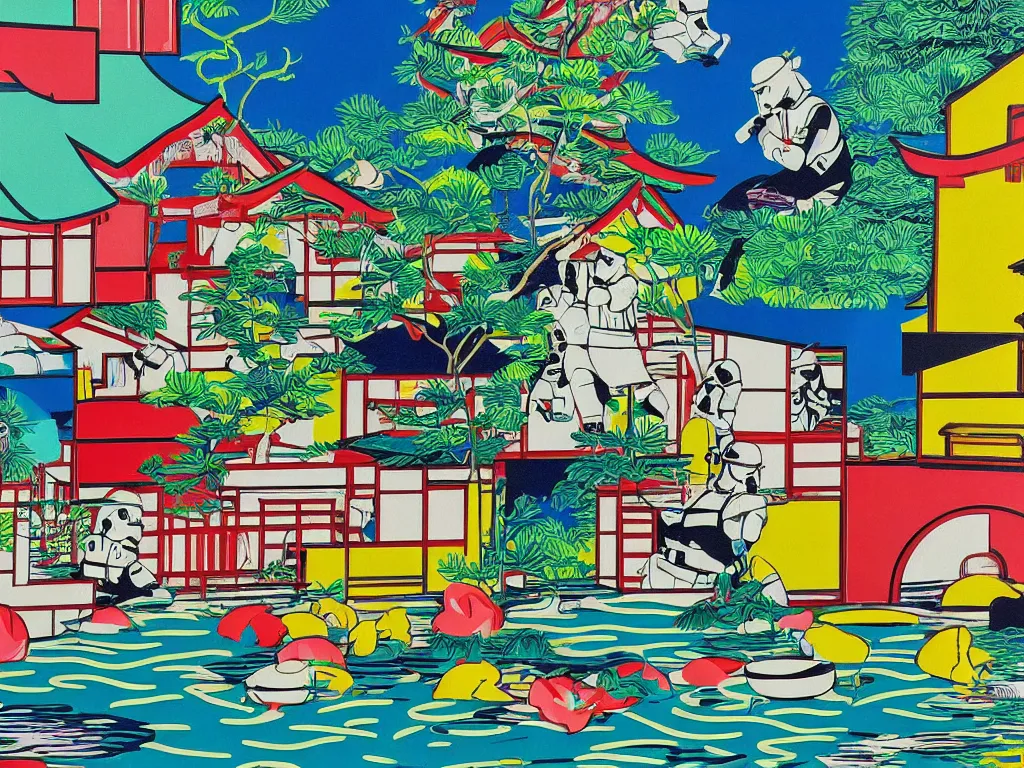 Image similar to close - up image of a japanese house with a pond, stormtroopers sitting around it, pop - art style, the style of andy warhol, roy lichtenstein and jackie tsai, bright and saturated palette, acrylic on canvas