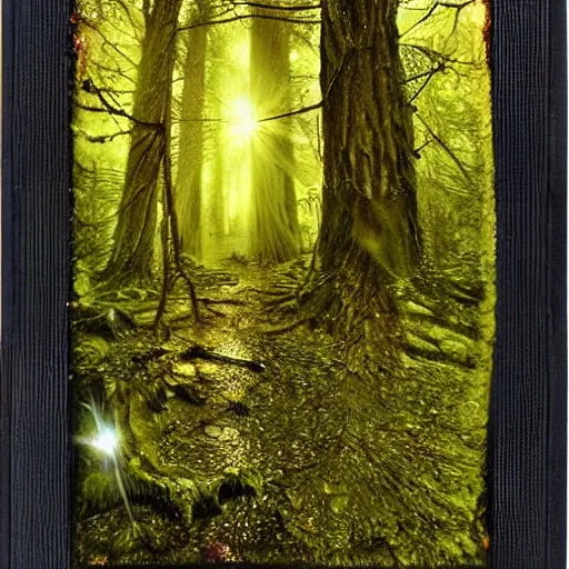 Image similar to bright forest, sparkling three eyed spirits, detailed wide shot, polaroid, ground detailed, wet eyes reflecting into eyes reflecting into infinity, beautiful lighting