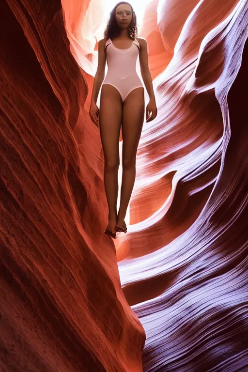 Image similar to Portrait of teen Wizard Queen of the Multiverse, captivating, rule of thirds, majestic, set on a flowy Antelope Canyon created by James Jean, mutiversal tsunami, award winning photo, seductive, captivating, feminine slim figure, close-up
