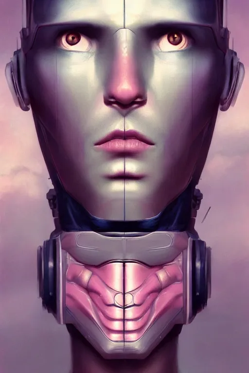 Prompt: portrait of a half man half robot, straight on portrait, by artgerm, tom bagshaw, gerald brom, vaporwave colors, lo - fi colors, vaporwave, lo - fi, moody vibe, goth vibe, 4 k, hd,