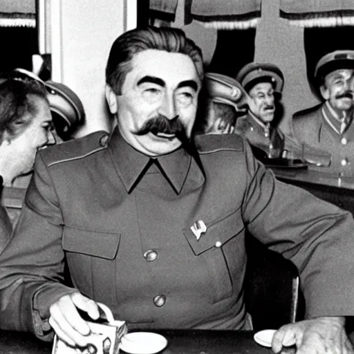 Image similar to joseph stalin enjoying a happy meal at mcdonald's