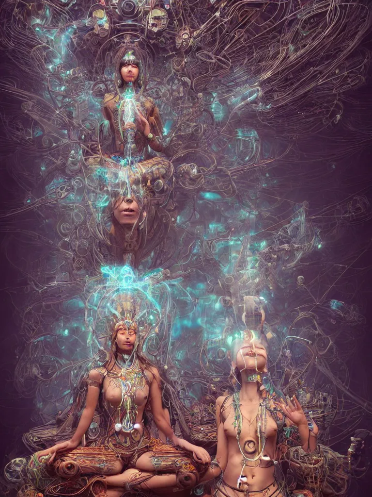 Prompt: an ancient mystical alluring female shaman generating flowing energy and surrounded by wisps of incense smoke sits meditating in a magical cybernetic robot temple, face face face, by android jones and vitaly bulgarov and karol bak, 3 d, cinema 4 d render, trending on artstation