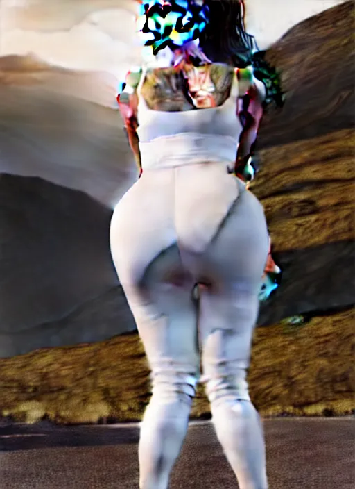 Image similar to kim kardashian, centered full body rear-shot, pov from rear, in skintight white sportswear, real photo, photoshooting, studio light, Irish mountains background, intricate, epic lighting, cinematic composition, hyper realistic, 8k resolution, unreal engine 5