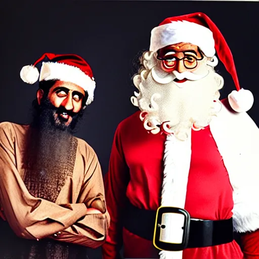 Image similar to uhd candid photo of bin laden and a b dressed as santa claus, making a bomb. correct faces, intricate details, hyperdetailed, accurate faces. photo by annie leibowitz