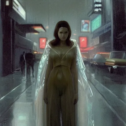 Image similar to epic wide angle masterpiece full body portrait a beautiful woman with pale, flawless skin, wearing a transparent plastic rain coat on the streets of Los Angeles at night in Bladerunner (1982), by Edgar Maxence and Ross Tran and Michael Whelan
