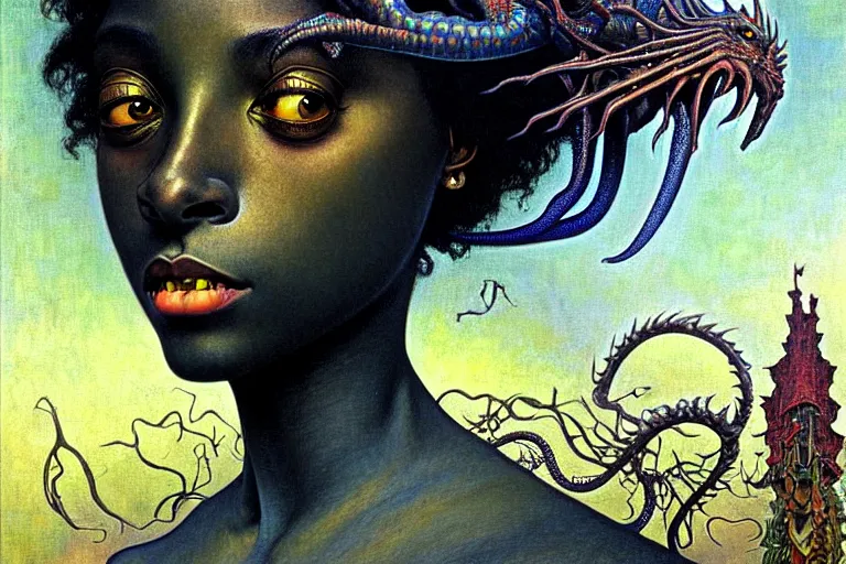 Image similar to realistic extremely detailed closeup portrait painting of a beautiful black woman, mutant dragon and a single old house on background by Jean Delville, Amano, Yves Tanguy, Alphonse Mucha, Ernst Haeckel, Edward Robert Hughes, Roger Dean, rich moody colours