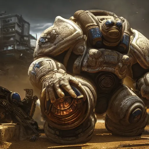 Image similar to Blastoise in gears of war, splash art, movie still, detailed face, photorealistic facial features, cinematic lighting, dramatic, octane render, long lens, shallow depth of field, bokeh, anamorphic lens flare, 8k, hyper detailed, 35mm film grain