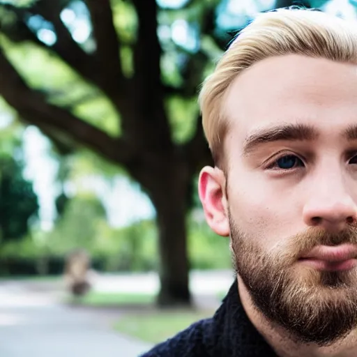 Prompt: blond man with a wide forehead and small beard and wide nose and big brain