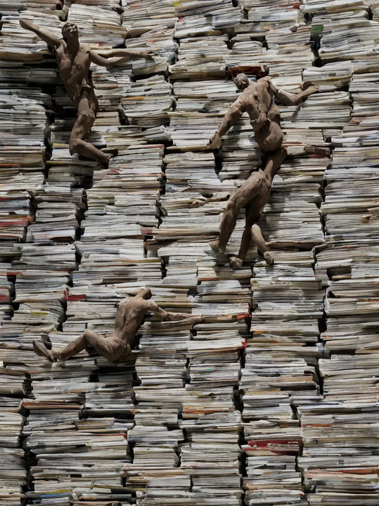Prompt: man made of clay climbing on giant books