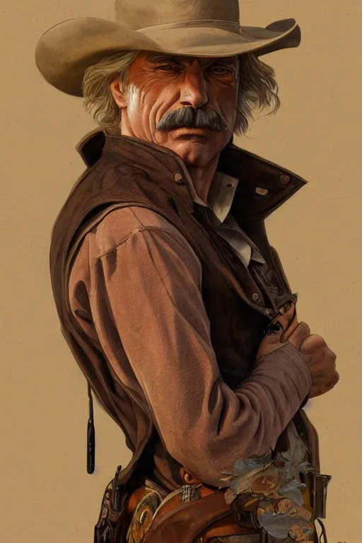 Image similar to portrait of sam elliott, western, gunslinger, duster, fantasy, intricate, elegant, highly detailed, digital painting, artstation, concept art, sharp focus, illustration, art by artgerm and greg rutkowski and alphonse mucha