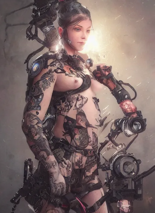 Image similar to girl covered with tattoos wearing tactical gear, intricate lights, bio luminescent, plasma, by ruan jia and artgerm and range murata and wlop and ross tran and william - adolphe bouguereau and beeple. key art. fantasy illustration. award winning, artstation, intricate details, realistic, hyperdetailed, 8 k resolution.