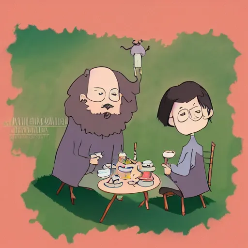 Prompt: tiny imaginary creatures having tea party in a humans beard. in a style of hayao miyazaki.