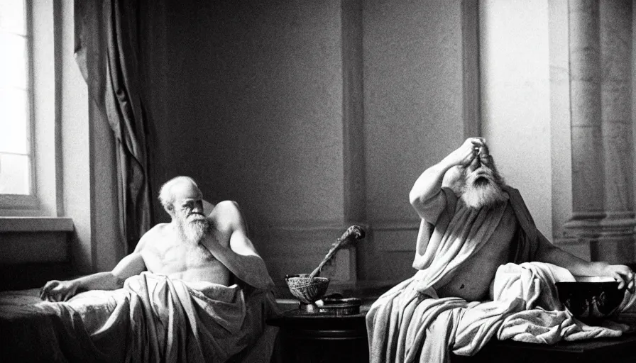 Prompt: movie still of socrates drinking hemlock in a bowl in a bed with red drapery in a neoclassical corridor, cinestill 8 0 0 t 3 5 mm b & w, high quality, heavy grain, high detail, cinematic composition, dramatic light, anamorphic, ultra wide lens, hyperrealistic