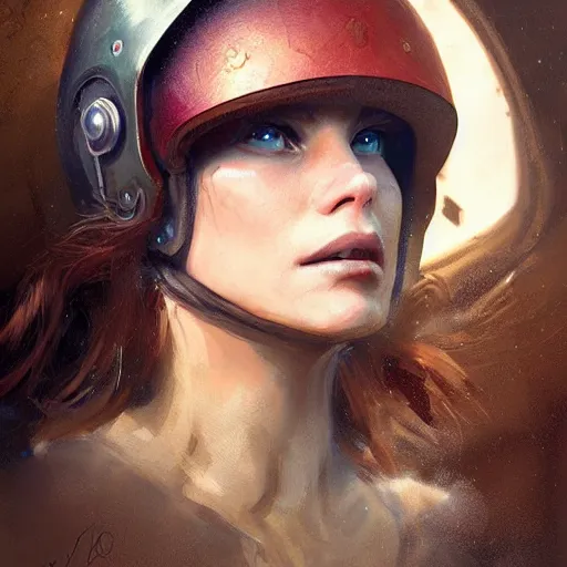Prompt: a rustic woman wearing futuristic helmet, detailed face, redhead, by greg rutkowski, mandy jurgens