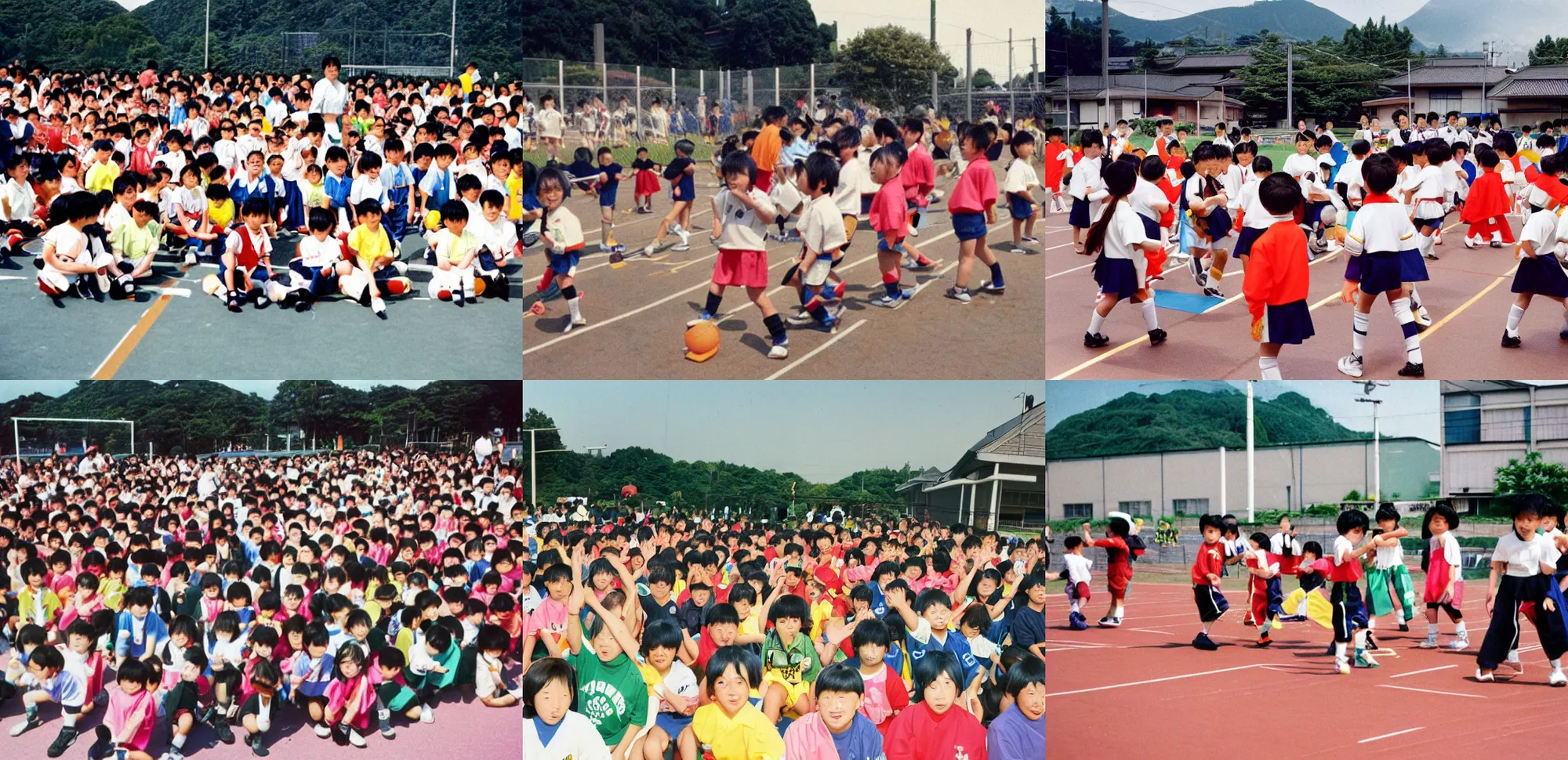 Prompt: 90's color Photo, Sports Day at an elementary school in Japan.